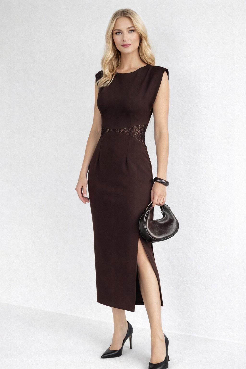 Omuz Vatkalı Bel Güpür Detaylı Yırtmaçlı Elbise