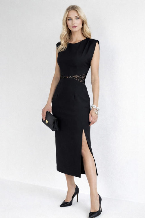 Omuz Vatkalı Bel Güpür Detaylı Yırtmaçlı Elbise